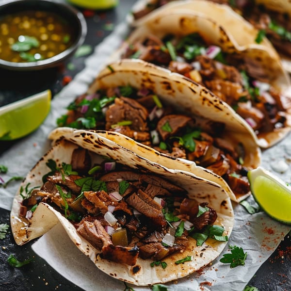 Three carne asada tacos with cilantro, onions, and lime wedges, with a side of salsa.