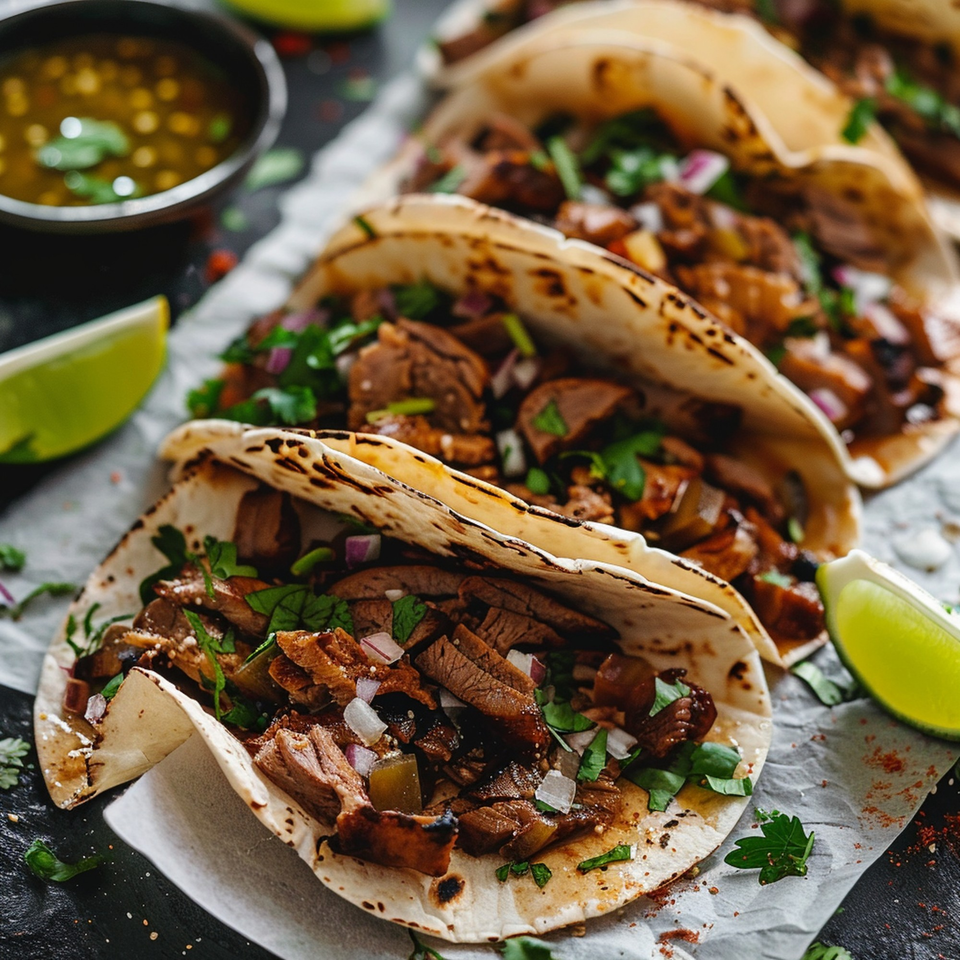 Three carne asada tacos with cilantro, onions, and lime wedges, with a side of salsa.